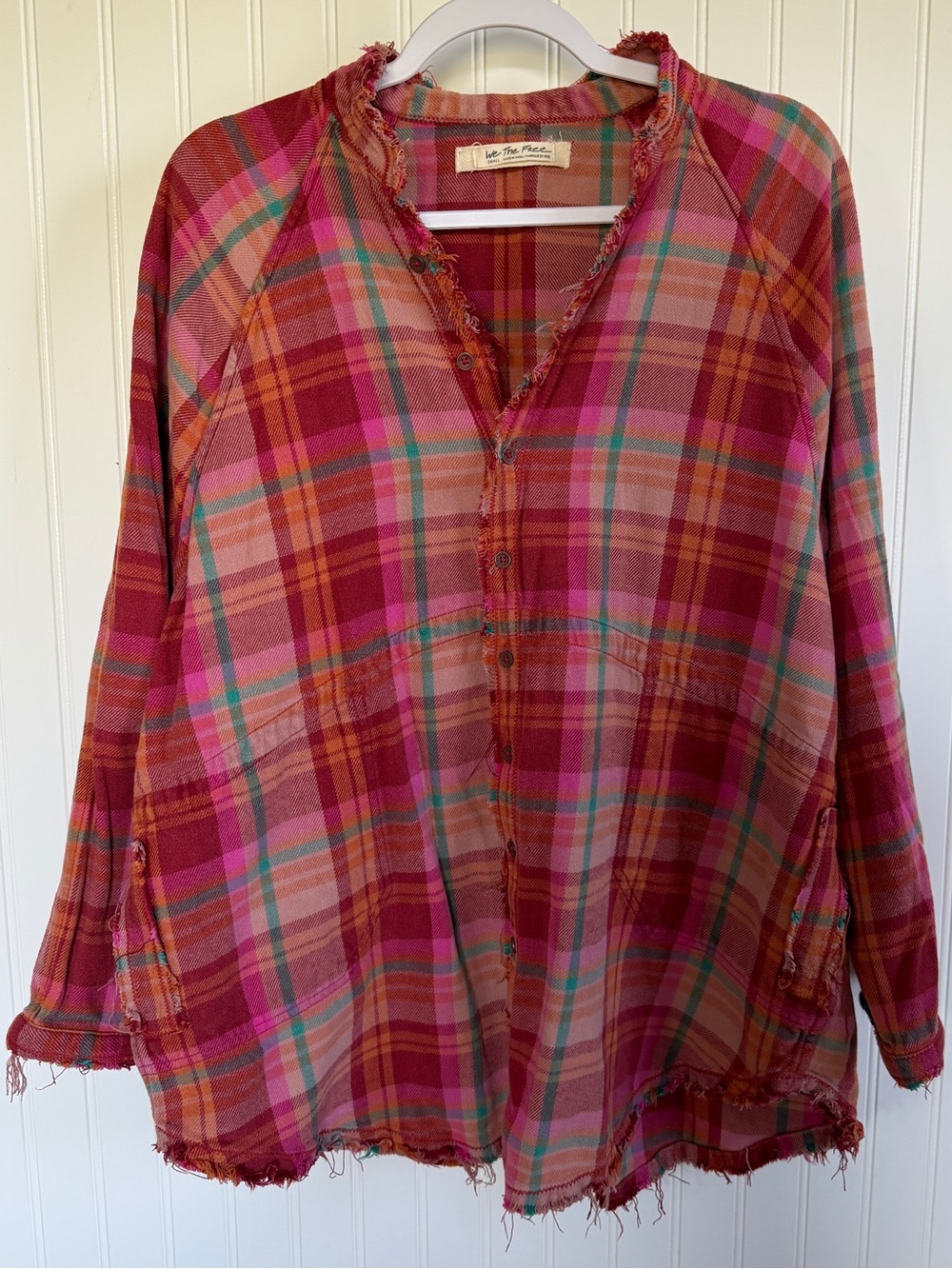 We The Free Pink Orange Plaid Oversized Frayed Shirt S